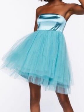 Aqua Strapless Tulle Dress